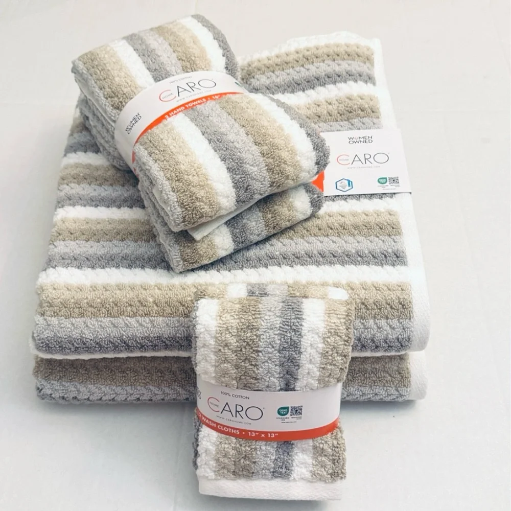 6pc CARO HOME 100% Zero Twist Cotton Stripe Bath Towel Set - Beige Gray -Tiliana